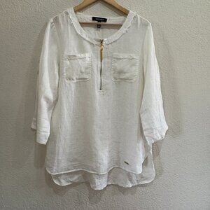 Ellen Tracy 100% Linen White Zip‎ Front Tunic Top – Size Large